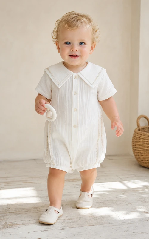 Pelele de manga corta plisado con cuello marinero color marfil para bautizo de bebé niño