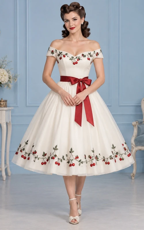 Rockabilly-Brautkleid in A-Linie, schulterfrei, mit Kirschstickerei, roter Schärpe und Teelänge