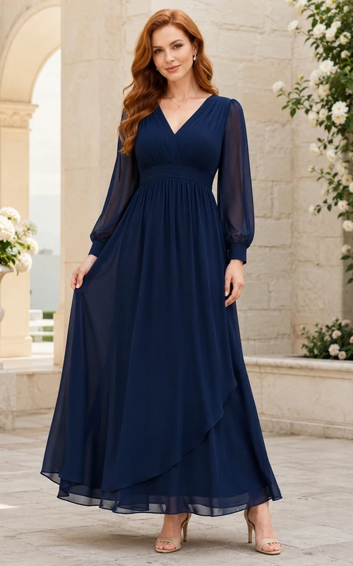 Modest Dark Navy Chiffon V-Neck Long Sleeve Elegant Empire A-Line Formal Dress
