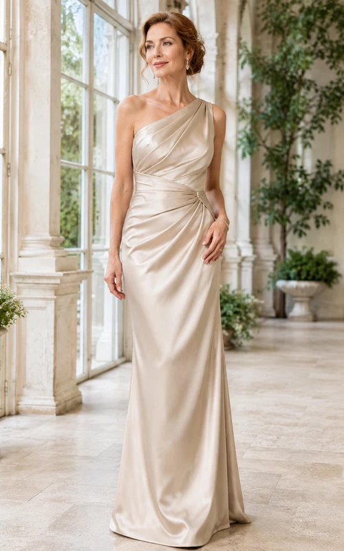 Champagne Modern One-Shoulder Satin Sheath Floor-Length Mother of the Bride Gown with Side Drape