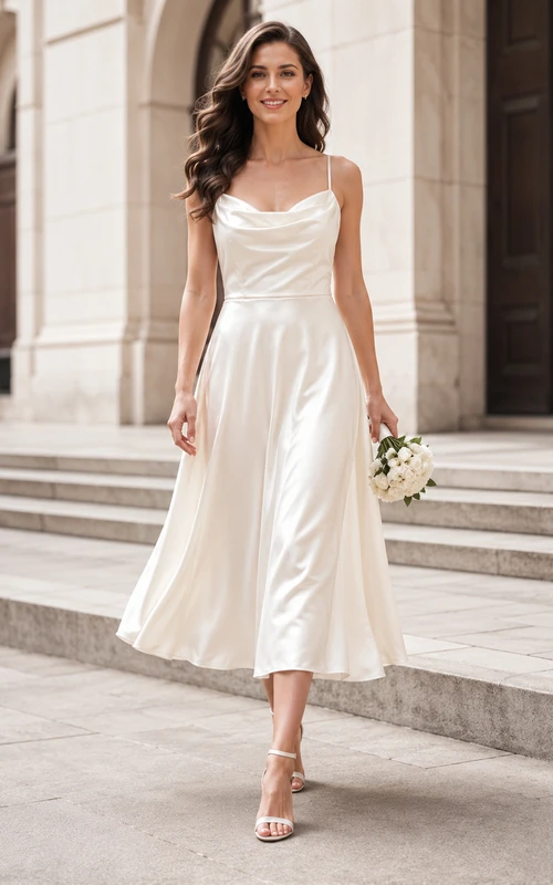 Modern Civil Satin A Line Cowl Spaghetti Tea Length Courthouse Wedding Dress