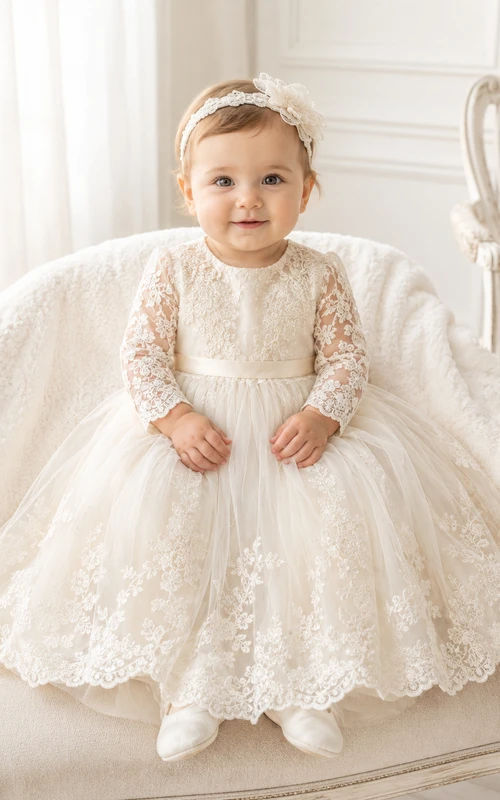 Long Sleeve Christening Dress A-Line Lace Tulle High Neck Tea-Length