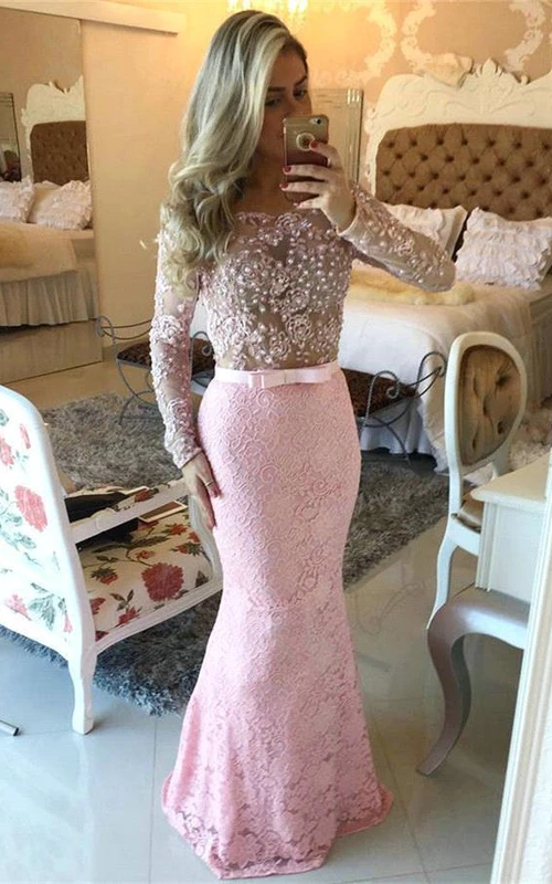 Robe de bal rose moderne à manches longues, coupe sirène, en dentelle, longueur au sol