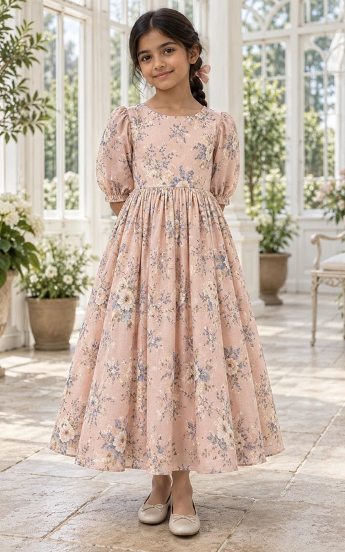 Schlichtes rosa Blumenkleid in A-Linie mit Print, Puffärmeln, Knöchellänge und Schleife am Rücken