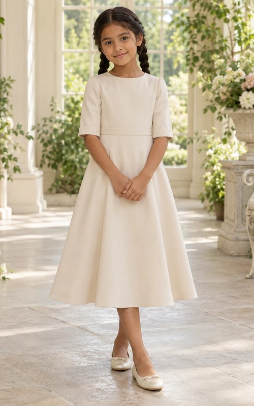 Simple Modest Tea-length Cream Jewel Cuffed Half-sleeve Narrow-waisted Zipper-back Flower Girl Dress
