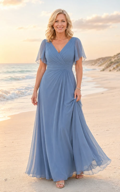Stahlblaues Chiffon-Kleid in A-Linie mit V-Ausschnitt und Volantärmeln