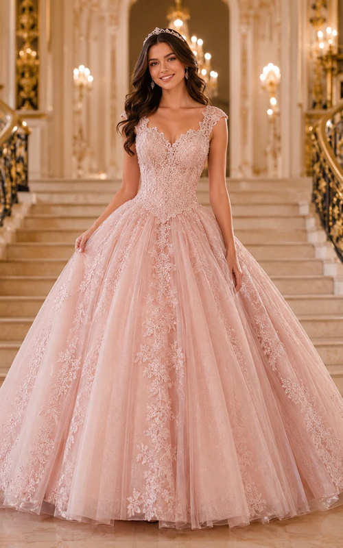 Vestido de fiesta formal de princesa para quinceañera, color rosa empolvado, con escote en V, mangas cortas y encaje festoneado.