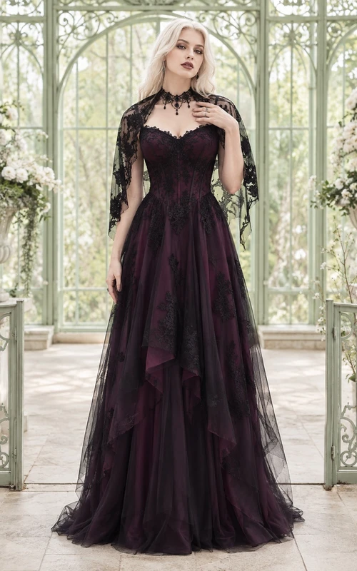 Burgundy Black High Neck Lace Cape A-Line Floor-Length Gothic Evening Gown
