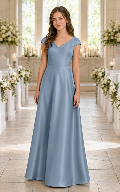 Elegantes, stahlblaues Brautjungfernkleid für junge Damen, A-Linie, V-Ausschnitt, kurze Ärmel, Blütenblatt-Satin