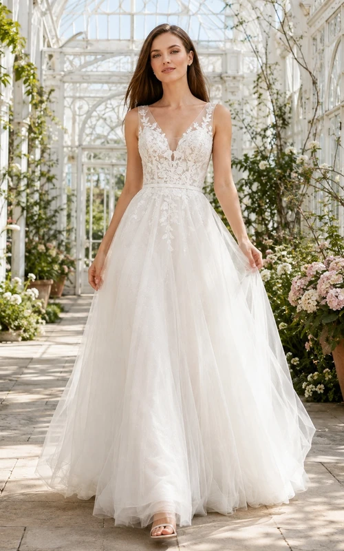 Romantic Sleeveless Deep V-Neck Applique Tulle A-Line Sweep Train Wedding Gown