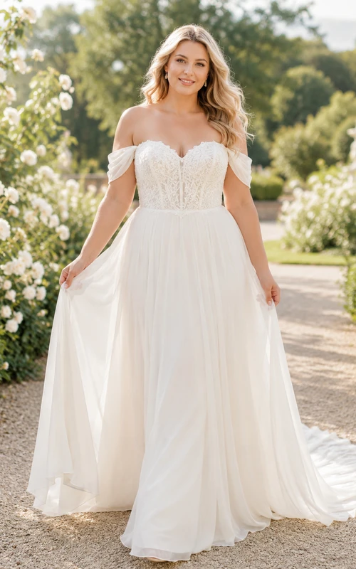 Chiffon-Hochzeitskleid, A-Linie, V-Ausschnitt, ärmellos, Kapellenschleppe, tiefer V-Ausschnitt am Rücken