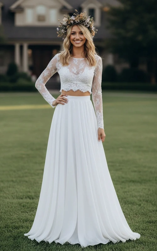 Boho-Hochzeitskleid aus Spitze, zweiteilig – Langärmliges Crop-Top & fließender Chiffon-Brautrock
