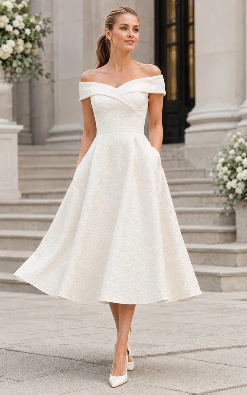 Simple Vintage Civil Tea-Length Satin A-Line Off-Shoulder Wedding Dress