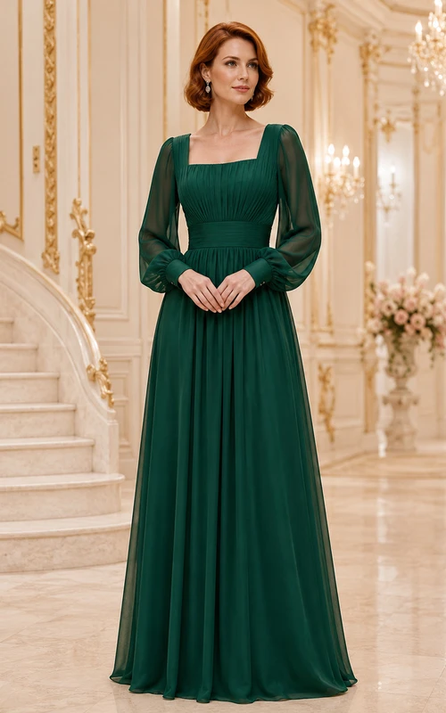 Emerald Square Neck Sheer Sleeve Modest Chiffon Gala Gown