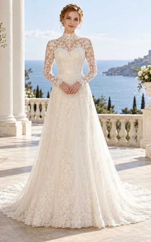 Modest High Neck Long Sleeve Floral Lace A-line Train Wedding Dress