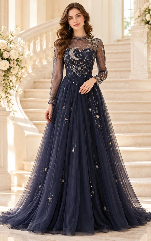 Dark Navy Moon Star Long Illusion Sleeve Evening Gown