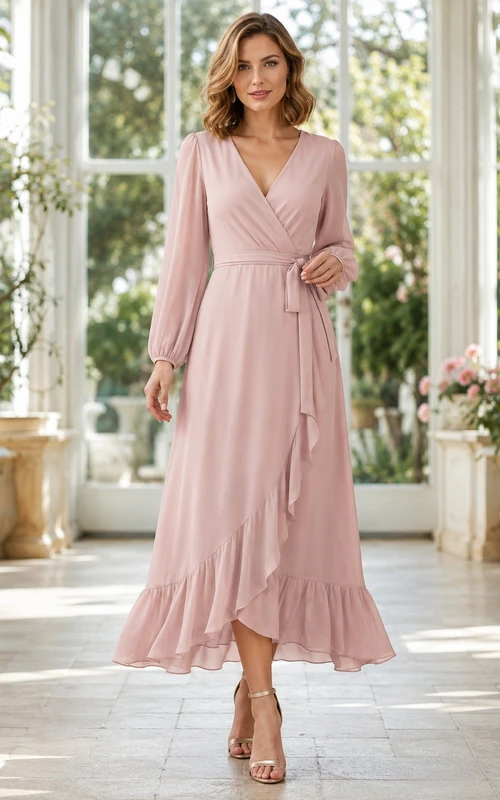Altrosa Chiffon-Festkleid mit V-Ausschnitt, Poetenärmeln und Rüschen, bodenlang