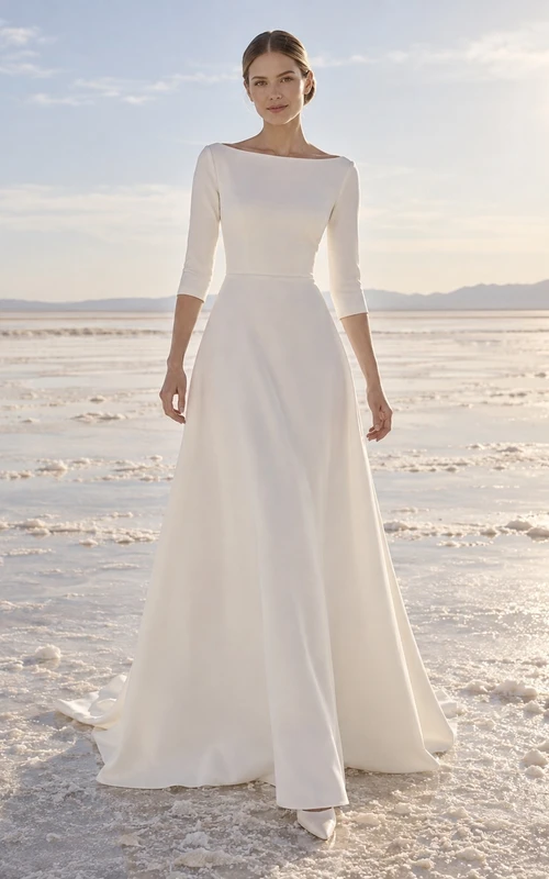 Vestido de novia sencillo con escote barco, mangas tres cuartos, corte en A, corpiño liso y cola.