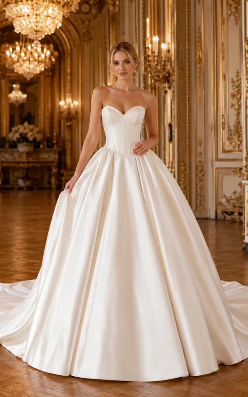 Strapless Sweetheart Satin Ball Gown Chapel Train Wedding Dress