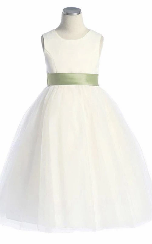 Vestido de niña de flores sin mangas, largo hasta la rodilla, con lazo, de tul y satén.