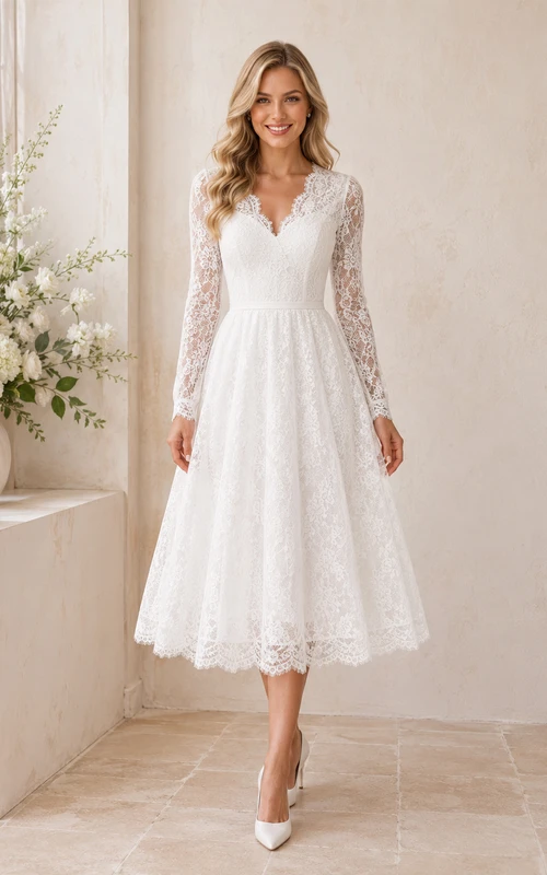 Robe de mariée mi-longue à manches longues et col en V en dentelle avec fermeture éclair illusion