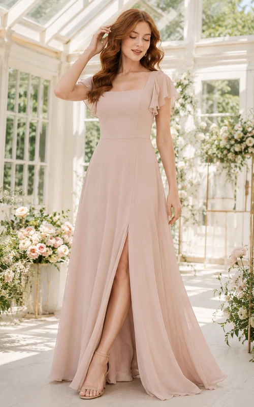 Blush square neck flutter sleeve chiffon A-line gown