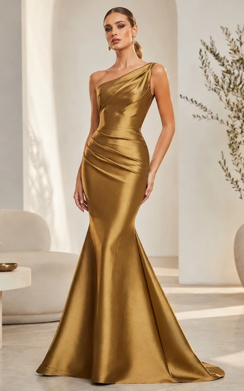 Gold Satin One-Shoulder Sleeveless Mermaid Sweep Train Formal Gown