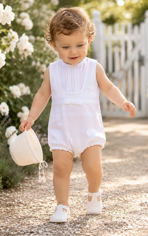 Simple White Sleeveless Pintuck Linen Baby Baptism Shortall Romper