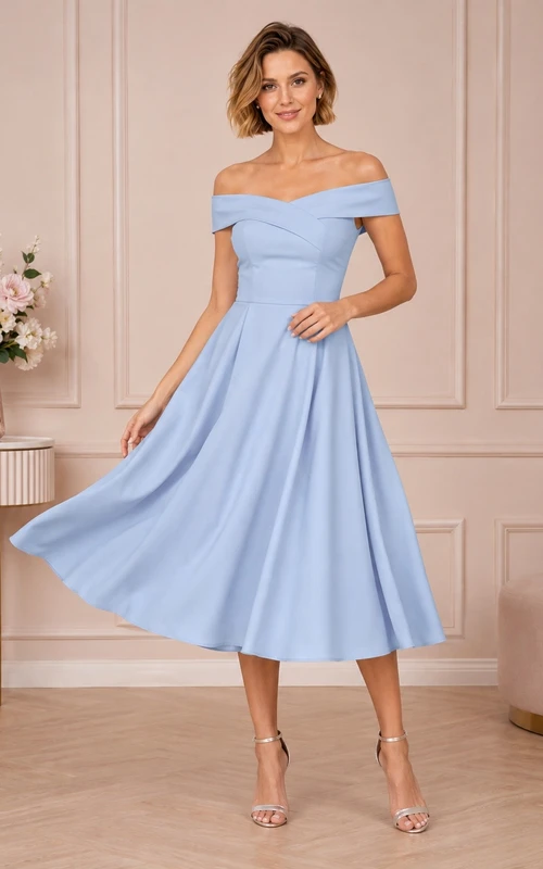 Sky Blue Off-the-shoulder Short Sleeve Satin Midi Dress