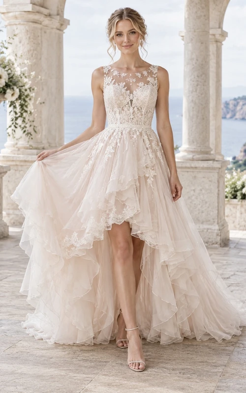 Brautkleid mit asymmetrischem Oberteil, gestuften Rüschen und Knopfleiste am Rücken