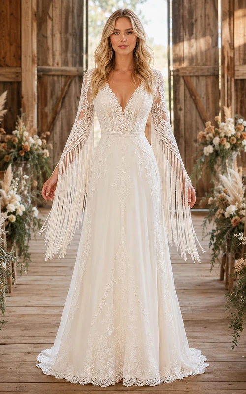 Vestido de novia bohemio rústico con mangas de flecos y encaje, corte en A