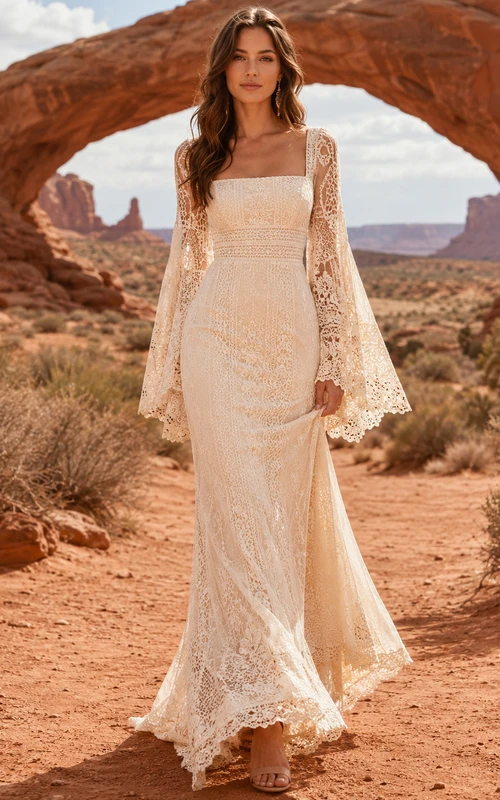 Square Neck Bell Sleeve Desert Bohemian Lace Gown
