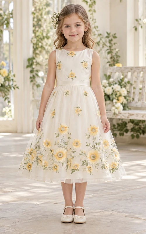Tea-length Ivory Sleeveless Sunflower Floral Border Organza A-line Flower Girl Dress