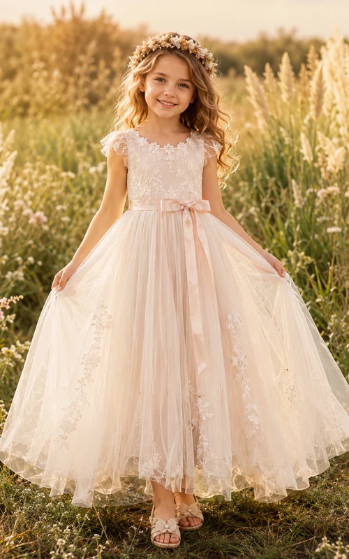Vestido de niña de flores de tul y encaje con corte en A, mangas cortas, cuello redondo y falda a la altura de la rodilla.