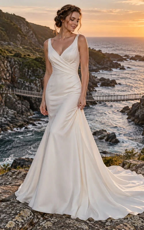 Vestido de novia sencillo de satén con escote en V, estilo sirena, tirantes anchos y drapeado en la cintura.