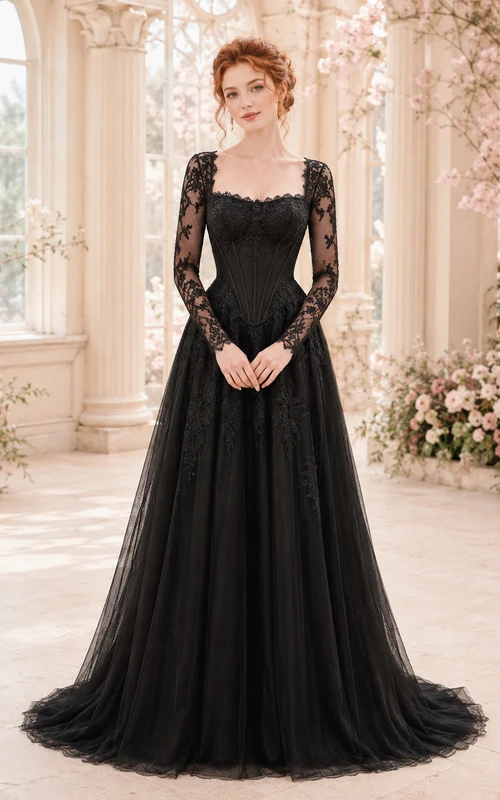 Robe de mariée trapèze en tulle et dentelle noire à col rond et manches longues