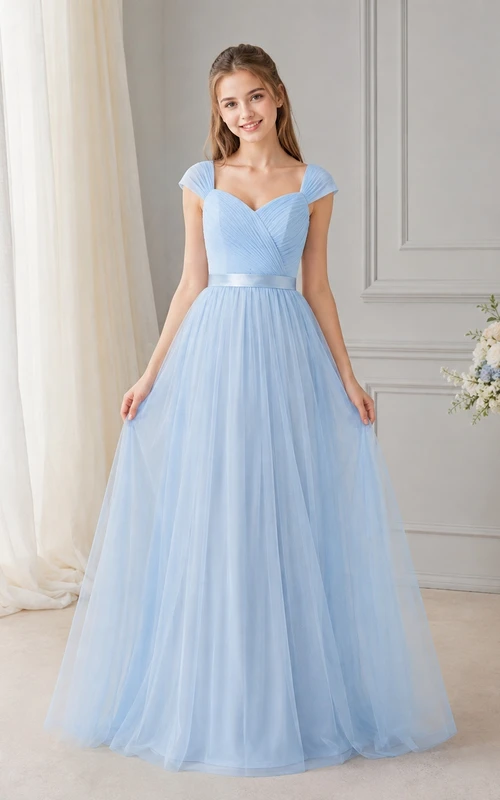 Vestido de dama de honor juvenil azul cielo, corte en A, manga corta cuadrada, plisado corto, estilo romántico.