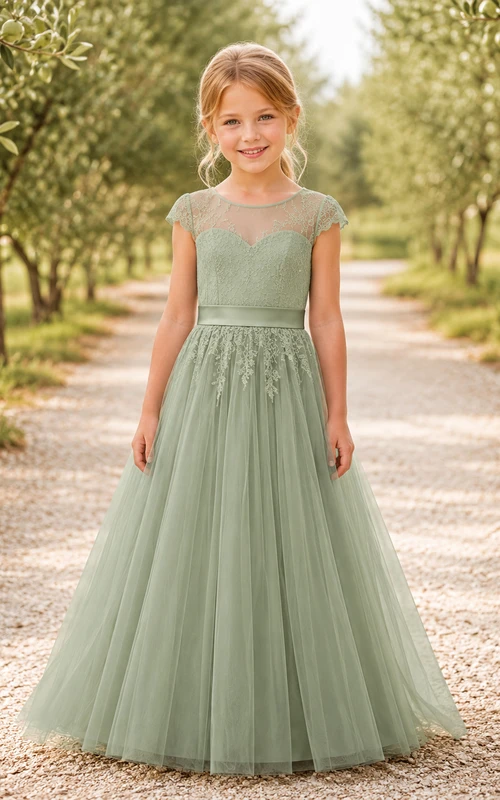 Robe de demoiselle d'honneur en dentelle sauge et tulle, coupe trapèze, manches courtes, col rond, longueur au sol