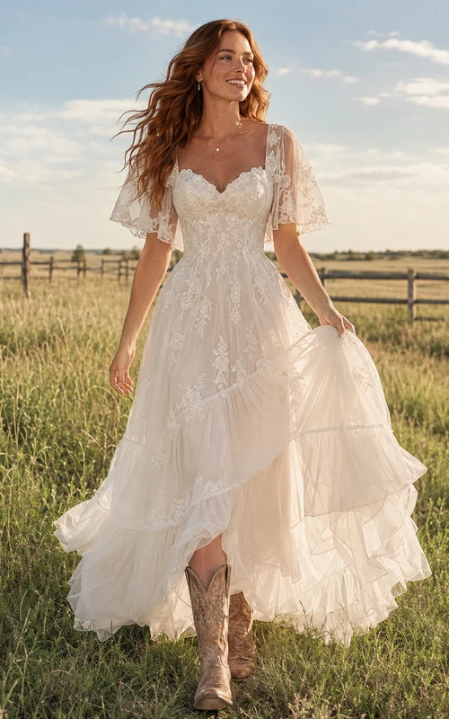 Robe de mariée de maternité à col en V en dentelle et manches papillon, robe de plage