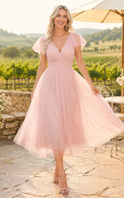 Vestido de novia romántico vintage de corte A, largo hasta la rodilla, escote en V y manga corta, de tul suave, ideal para bodas al aire libre.