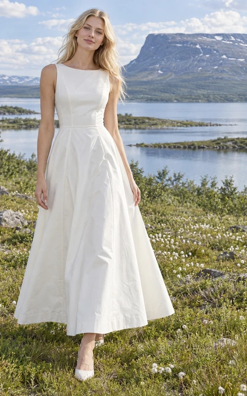 Vestido de novia sencillo de popelina de algodón hasta la rodilla, corte en A, escote barco y espalda cubierta.