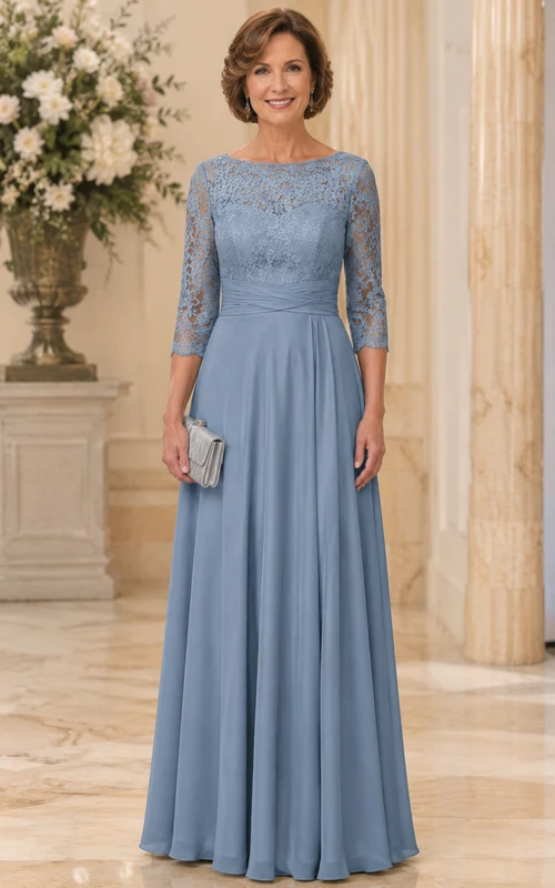 Vestido de encaje azul acero de corte A con mangas tres cuartos para la madre de la novia