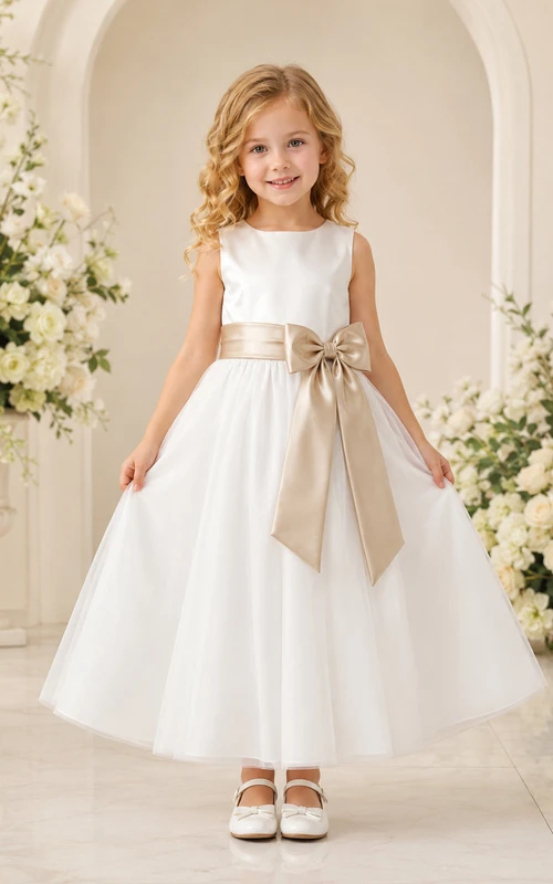 Blumenmädchenkleid aus champagnerfarbenem Satin, A-Linie, Rundhalsausschnitt, Teelänge, Schleifendetail