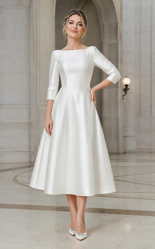 Petite Bateau Three-Quarter Sleeve Satin A-Line Tea-Length Wedding Dress