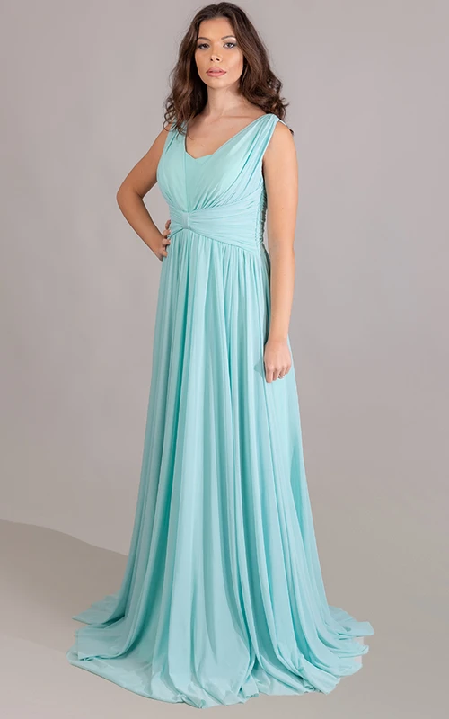 Modernes ärmelloses, bodenlanges Chiffon-Abendkleid in A-Linie mit Schleppe, Reißverschluss und Raffungen