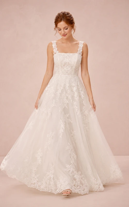 Brautkleid in A-Linie mit eckigem Ausschnitt und Spitzenträgern