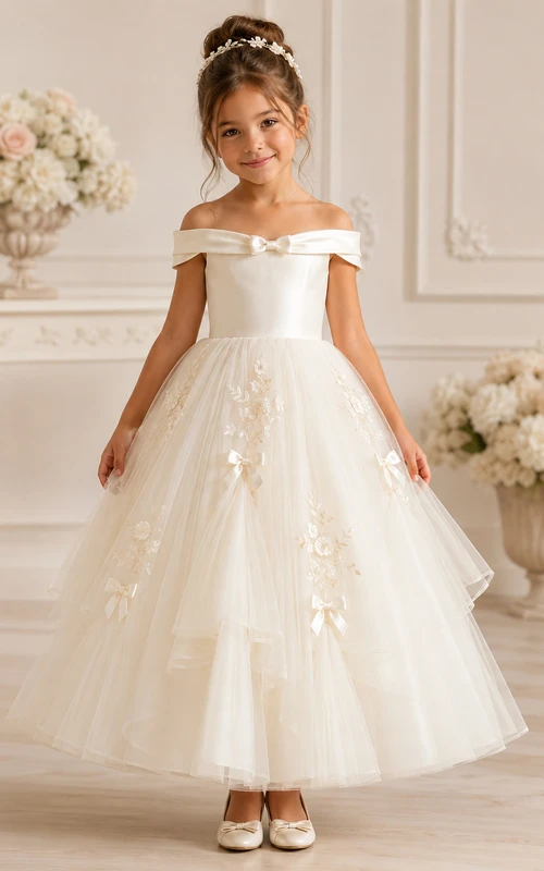 A-line Tea-length Petal Sleeve Tulle Flower Girl Dress with Off-shoulder satin bodice with tulle applique skirt