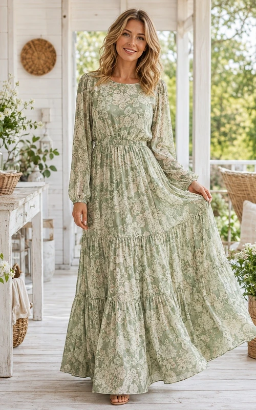 Salbeigrünes, geblümtes Chiffon-Maxikleid mit langen Ärmeln und Stufenrock