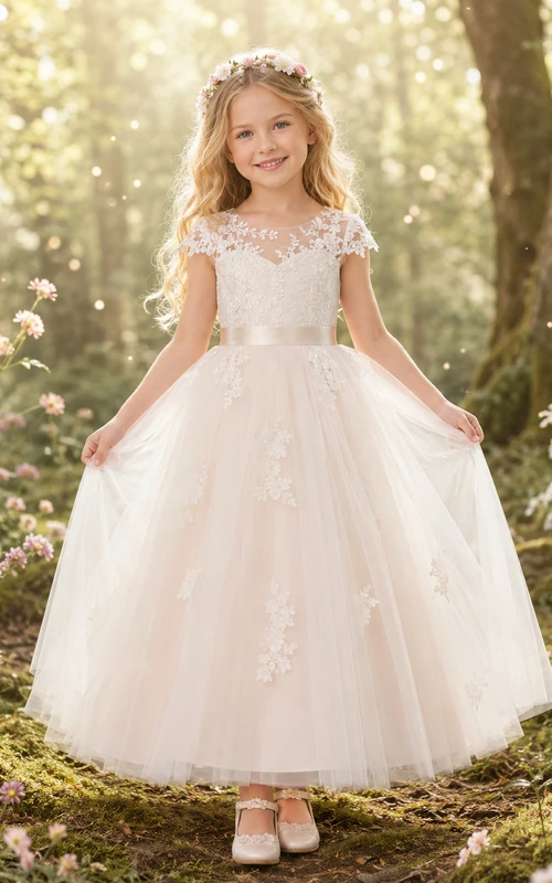 Blumenmädchenkleid, elfenbeinfarben, Spitze, Tüll, A-Linie, kurze Ärmel, Rundhalsausschnitt, Teelänge