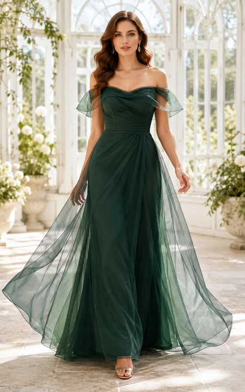 Robe de soirée vert foncé en tulle, coupe trapèze, épaules dénudées, manches courtes, longueur au sol